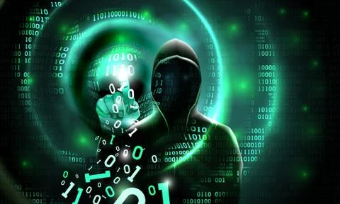 Computer hacker hood touches touch screen binary code. Hacking computer system Stock Illustration