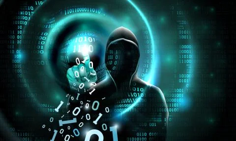 Computer hacker with a hood touches touch screen binary code. Hacker silhouette Stock Illustration