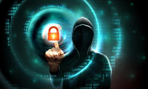 Computer hacker hood touches touchscreen with lock symbol binary code. Hacking 库存插图