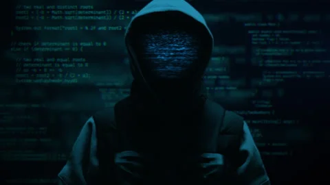 Computer hacker with hoodie and glitch face. Computer abstract digital code at Stock Footage 248663955