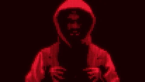 Computer hacker with hoodie and glitch face. Computer abstract digital code at Stock Footage 263123005