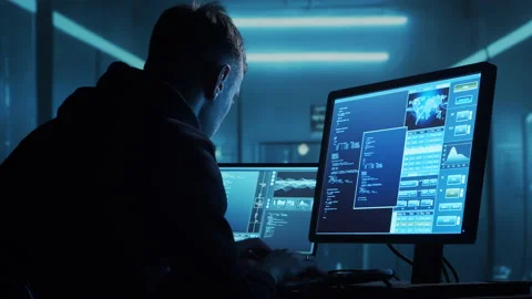 Computer Hacker in Hoodie. Obscured Dark Face. Hacker Attack, Virus Infected Stock Footage 220735225