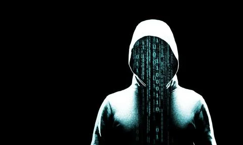 Computer hacker in hoodie. Obscured dark face. Data thief, internet fraud Stock Photos