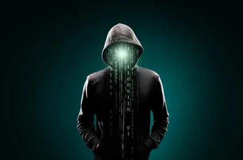 Computer hacker in hoodie. Obscured dark face. Data thief, internet fraud Stock Photos