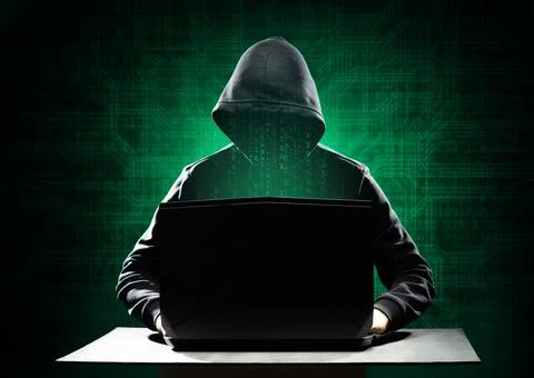 Computer Hacker in Hoodie. Obscured Dark Face. Hacker Attack, Virus Infected 스톡 사진