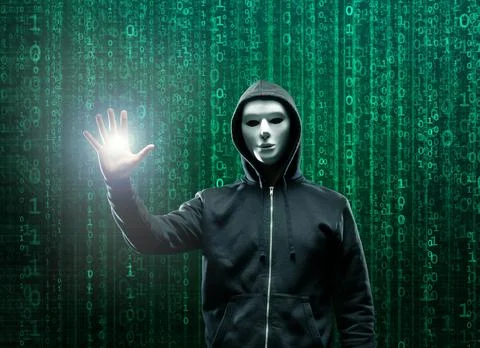 Computer Hacker in Hoodie. Obscured Dark Face. Hacker Attack, Virus Infected 스톡 사진