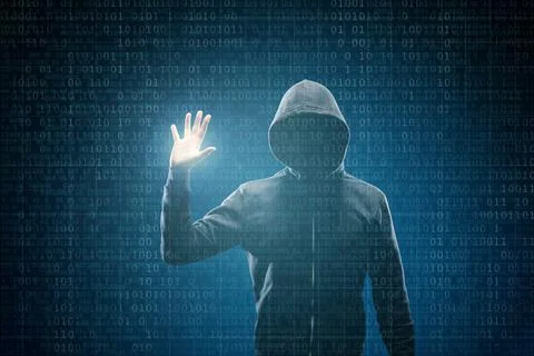 Computer Hacker in Hoodie. Obscured Dark Face. Hacker Attack, Virus Infected 스톡 사진