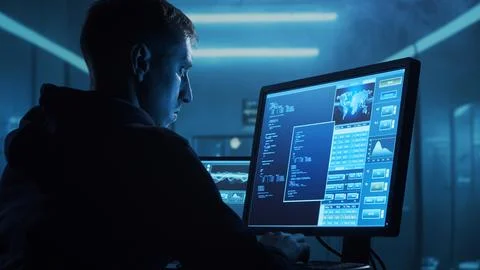 Computer Hacker in Hoodie. Obscured Dark Face. Concept of Hacker Attack, Virus Stockfoto's