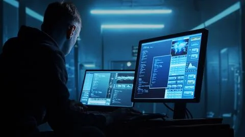 Computer Hacker in Hoodie. Obscured Dark Face. Concept of Hacker Attack, Virus Stockfoto's