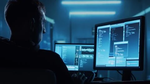 Computer Hacker in Hoodie. Obscured Dark Face. Concept of Hacker Attack, Virus 写真素材