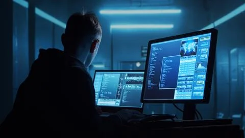 Computer Hacker in Hoodie. Obscured Dark Face. Concept of Hacker Attack, Virus Stockfoto's