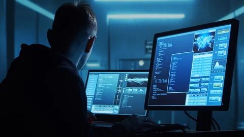 Computer Hacker in Hoodie. Obscured Dark Face. Concept of Hacker Attack, Virus Stockfoto's