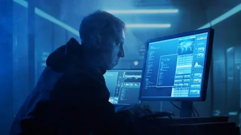 Computer Hacker in Hoodie. Obscured Dark Face. Concept of Hacker Attack, Virus Stockfoto's