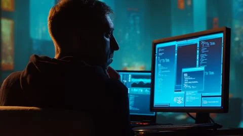 Computer Hacker in Hoodie. Obscured Dark Face. Concept of Hacker Attack, Virus Stockfoto's