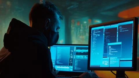 Computer Hacker in Hoodie. Obscured Dark Face. Concept of Hacker Attack, Virus Stockfoto's