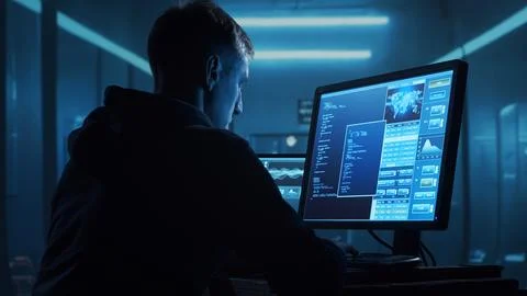 Computer Hacker in Hoodie. Obscured Dark Face. Concept of Hacker Attack, Virus Stockfoto's
