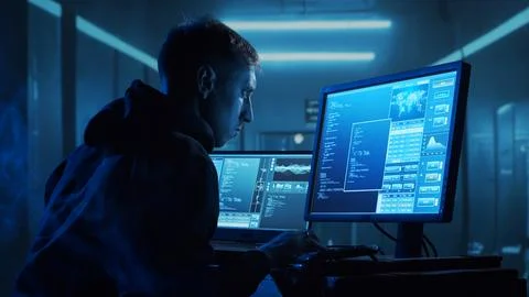 Computer Hacker in Hoodie. Obscured Dark Face. Concept of Hacker Attack, Virus Stockfoto's