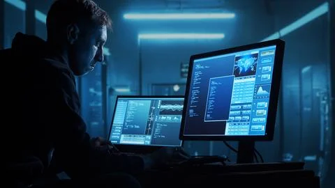 Computer Hacker in Hoodie. Obscured Dark Face. Concept of Hacker Attack, Virus Stockfoto's