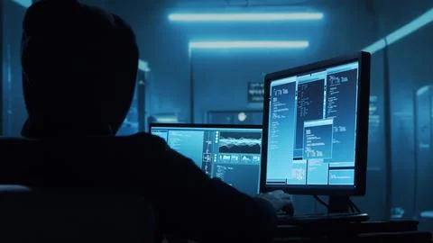Computer Hacker in Hoodie. Obscured Dark Face. Concept of Hacker Attack, Virus Stockfoto's