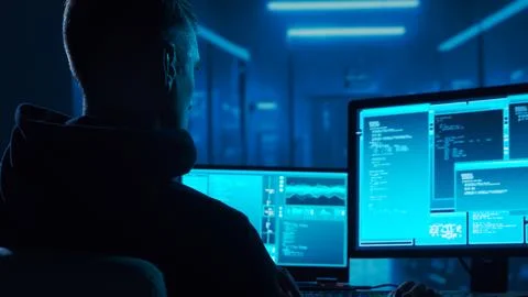 Computer Hacker in Hoodie. Obscured Dark Face. Concept of Hacker Attack, Virus Stockfoto's