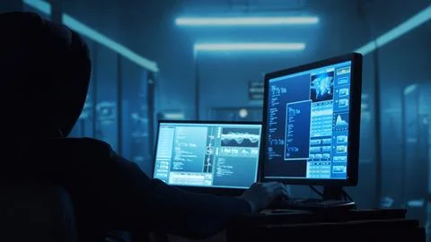 Computer Hacker in Hoodie. Obscured Dark Face. Concept of Hacker Attack, Virus Stockfoto's