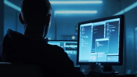 Computer Hacker in Hoodie. Obscured Dark Face. Concept of Hacker Attack, Virus Foto stock
