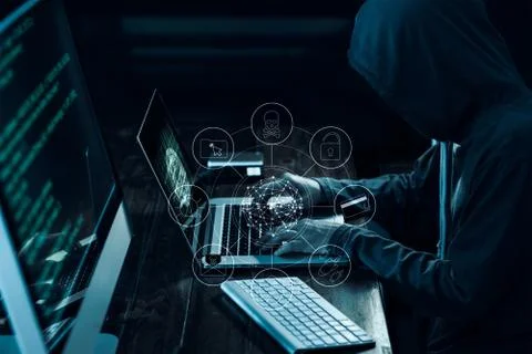 Computer hacker with icons, stealing information on laptop Stock Photos