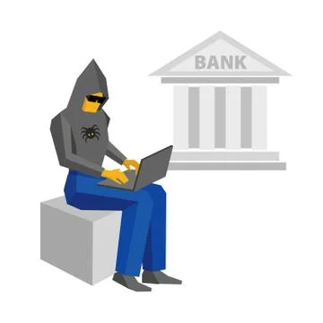 Computer hacker with laptop, bank building behind Stock Illustration
