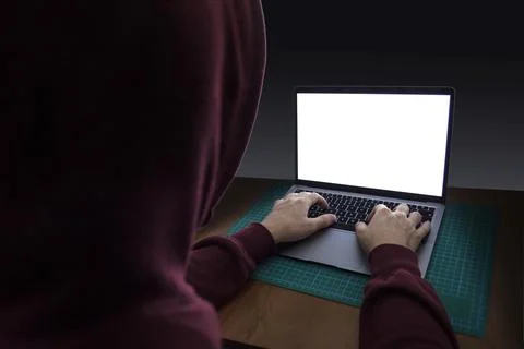Computer hacker with a laptop in darkness 库存照片