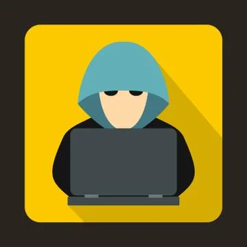 Computer hacker with laptop icon, flat style Stock Illustration