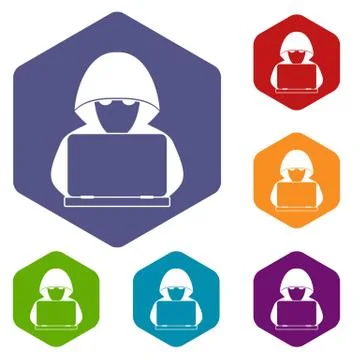 Computer hacker with laptop icons set Stock-Illustration