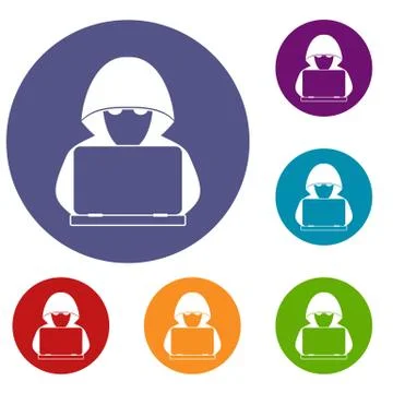Computer hacker with laptop icons set Stock Illustration