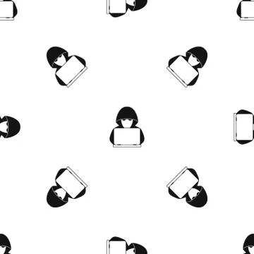 Computer hacker with laptop pattern seamless black Stock Illustration