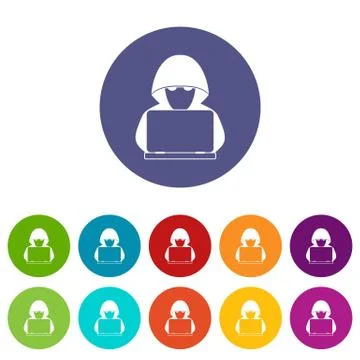 Computer hacker with laptop set icons Stock Illustration