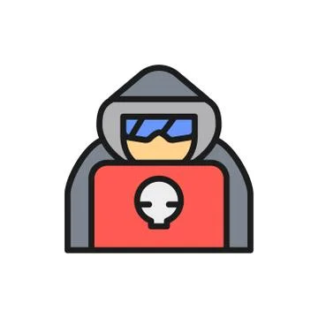 Computer hacker with laptop, spy agent flat color line icon. Illustrazione stock