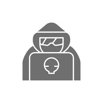 Computer hacker with laptop, spy agent grey icon. Illustrazione stock