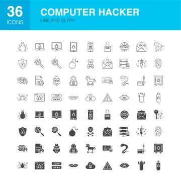Computer Hacker Line Web Glyph Icons Stockillustratie