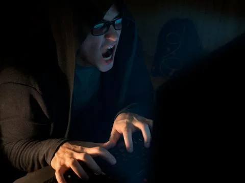 Computer hacker man stealing information with laptop Stock Photos