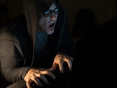 Computer hacker man stealing information with laptop Stock Photos