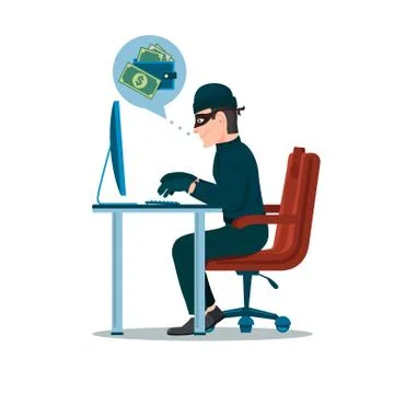 Computer hacker man trying hack the system and steal the money. Thief cartoon Stock Illustration