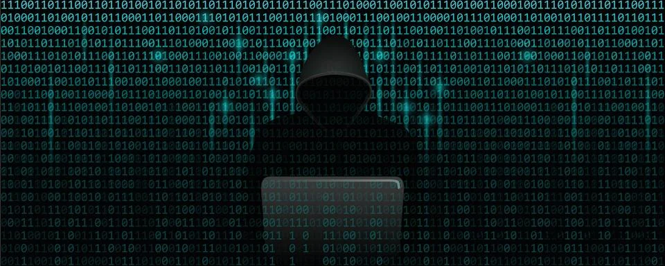 Computer hacker in matrix cybercrime concept with binary code web background Stockillustratie
