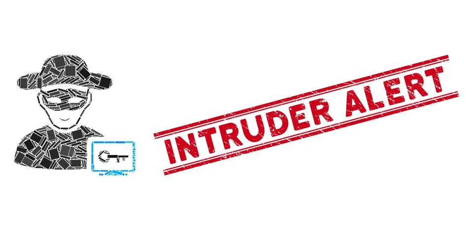 Computer Hacker Mosaic and Scratched Intruder Alert Stamp Seal with Lines Illustrazione stock