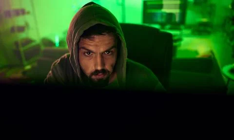 Computer hacker, night and neon man hacking online database software, website Stock Photos