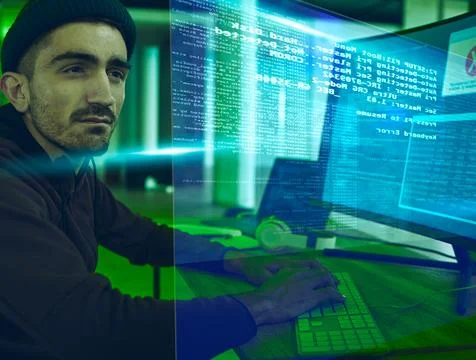 Computer hacker, programming and man with hologram for phishing, scam or Stock Photos