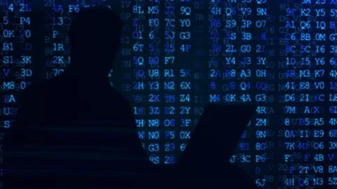 Computer hacker silhouette of hooded man with binary data and network securit Stock Illustration