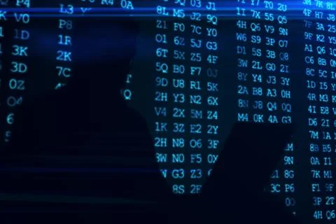 Computer hacker silhouette of hooded man with binary data and network securit Stockillustratie