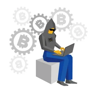 Computer hacker sitting with laptop. Gears with bitcoins behind Stock Illustration