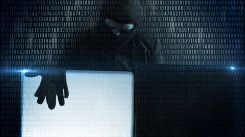 Computer hacker in suit stealing data from laptop in front of falling numbers Stock Footage 54996280