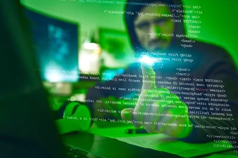 Computer hacker, virtual touch and man with coding, phishing or cybersecurity Foto stock