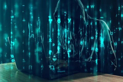 Computer hacker working on laptop, programming bugs and viruses Fotos de archivo